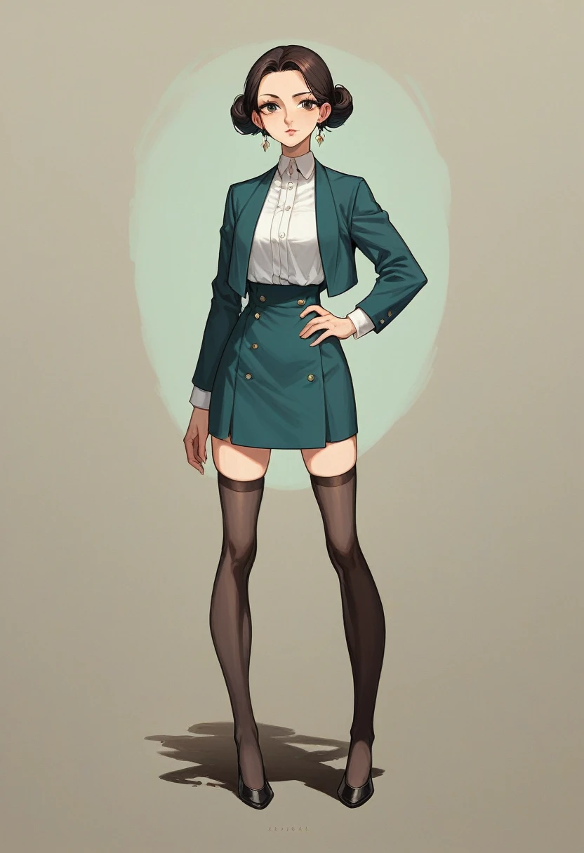 Create an image of an exceptionally beautiful Japanese woman with long, slender legs, wearing black stockings. She stands gracefully, her posture accentuating the elegance of her legs. She is dressed in a stylish, modern outfit that highlights her figure and complements her black stockings. Her face is breathtakingly beautiful, with features that are universally admired for their beauty. She has a confident and serene expression, and her hair is styled in a chic, contemporary fashion. The background is minimalistic, ensuring the focus remains on her. The overall atmosphere is sophisticated and alluring, emphasizing the natural beauty and elegance of the woman.