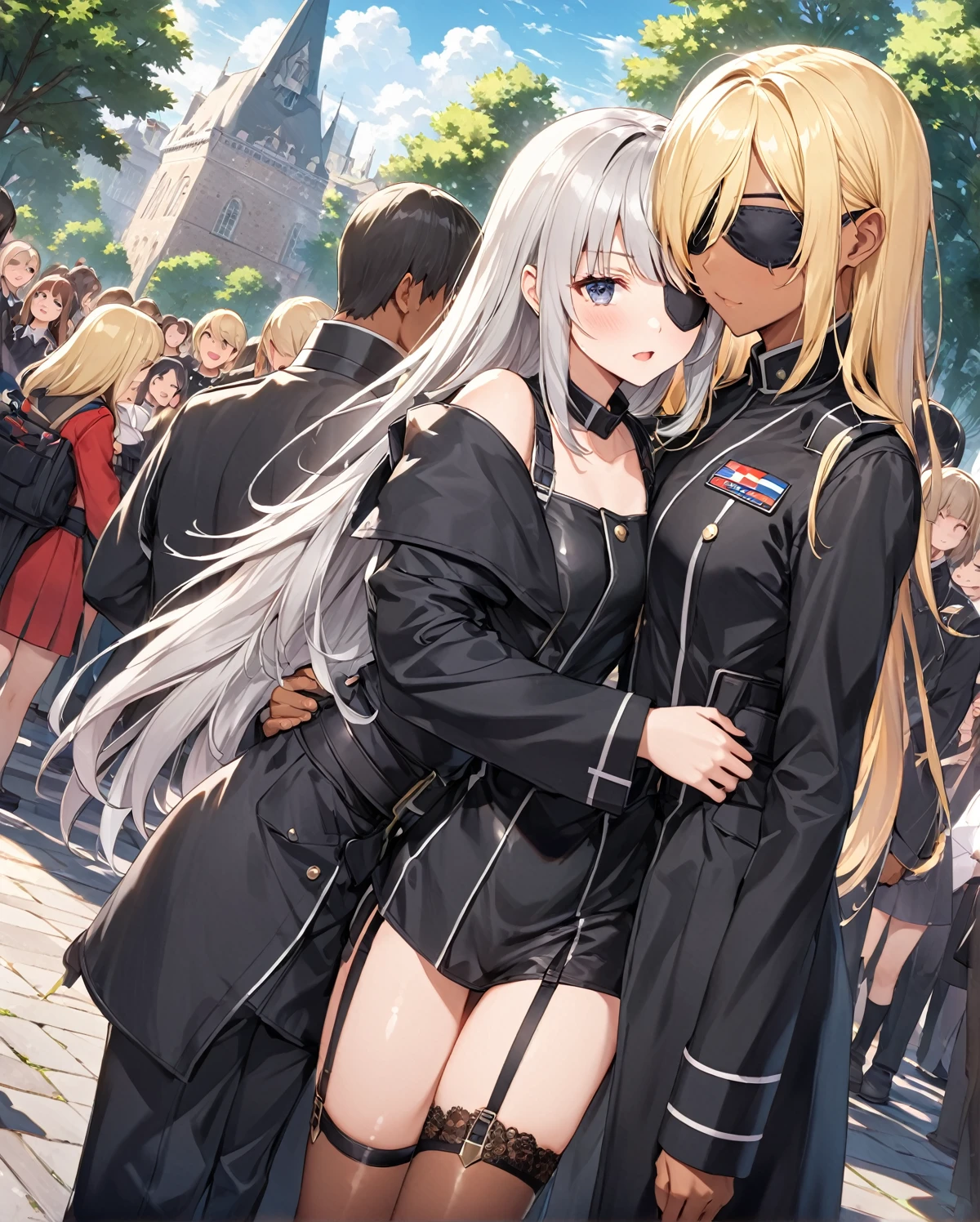 BREAK Perfect Anatomy、(High resolution:1.2)、Incredible illustrations、(Cute illustrations:1.2)
(Beautiful background,(nature,crowd))(netorare,yuri,dutch angle)
2gial((blonde hair,shiny hair,hair intakes:1.8,long hair)(doyagao)(a girl,, 1.4meters, 35kg),17-year-old,flat chest))(Black coat,Combat Uniform,,garter straps,Eye patch),
((gradient grey hair,shiny hair,hair intakes:1.8,Dark Skin:1.6)(doyagao)(a girl,height 1.7meters, 40kg),,17-year-old))
(Black coat,ゴシック風Combat Uniform,,garter straps,eyepatch:1.8) )
Cosplayer surrounded by people