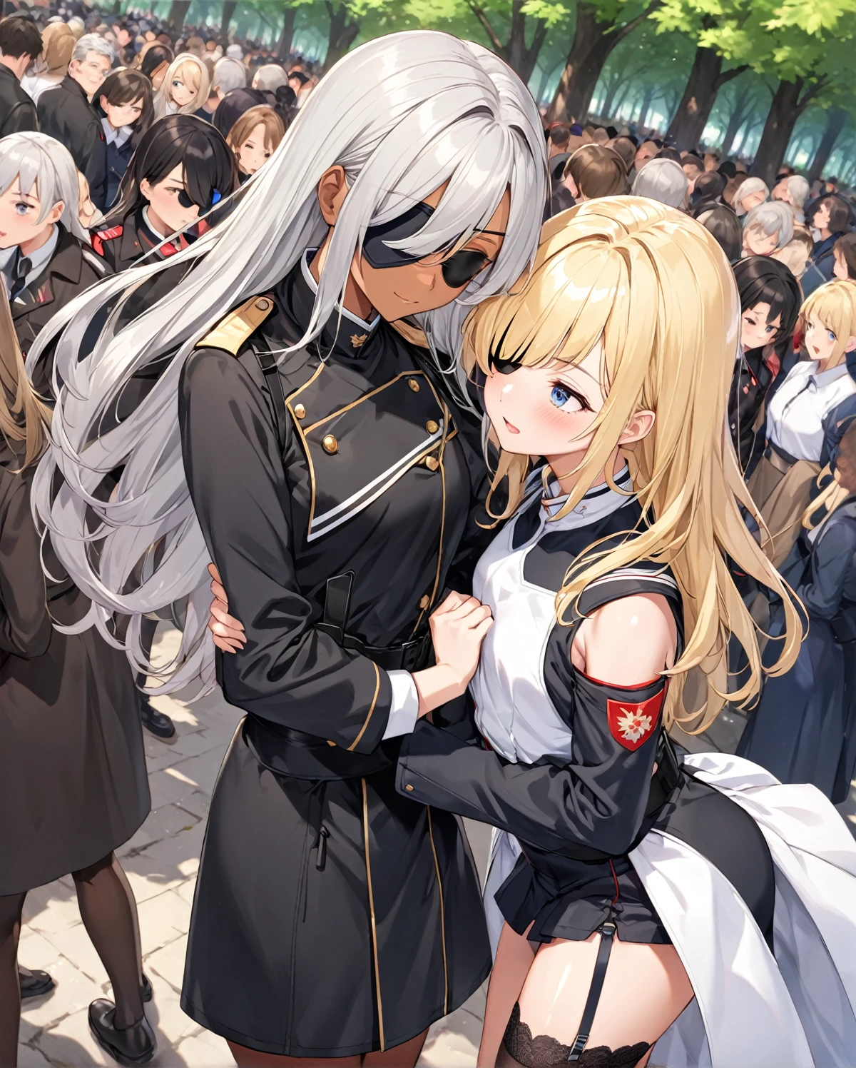 BREAK Perfect Anatomy、(High resolution:1.2)、Incredible illustrations、(Cute illustrations:1.2)
(Beautiful background,(nature,crowd))(netorare,yuri,dutch angle) 
2gial((blonde hair,shiny hair,hair intakes:1.8,long hair)(doyagao)(a girl,, 1.4meters, 35kg),17-year-old,flat chest))(Black coat,Combat Uniform,,garter straps,Eye patch),
        ((gradient grey hair,shiny hair,hair intakes:1.8,Dark Skin:1.6)(doyagao)(a girl,height 1.7meters, 40kg),,17-year-old))
 (Black coat,ゴシック風Combat Uniform,,garter straps,eyepatch:1.8) )
 Cosplayer surrounded by people
