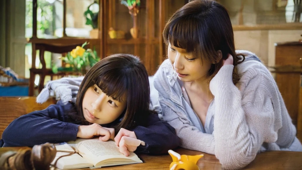 a mother is company with her kid doing homework. they're looking down at the textbook. 8k super realistic