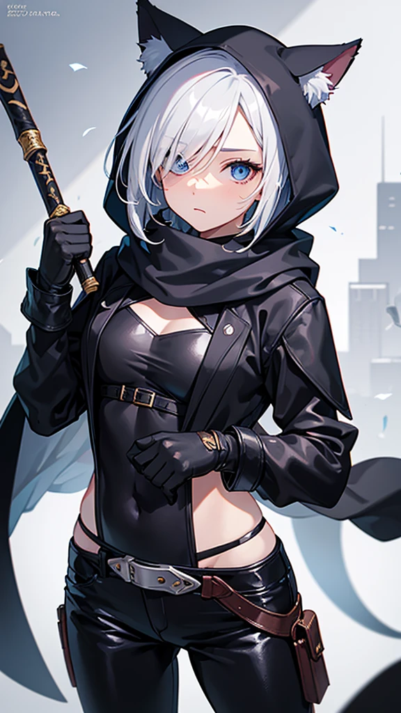 work of art, best qualityer, high resolution, 1 girl, synonym 1, scarf, short hair, mitts, ninja mask, long sleeves, leather pants, White hair, Cat's ears, cat tail, Rougue clothes, leather pants, holding, holding faca, bangs over one eye, bangs covering one eye, long bangs, blue eyes, 14 eyes old, hooded cloak, rogue rpg, rpg, ninja, ruins, medioval