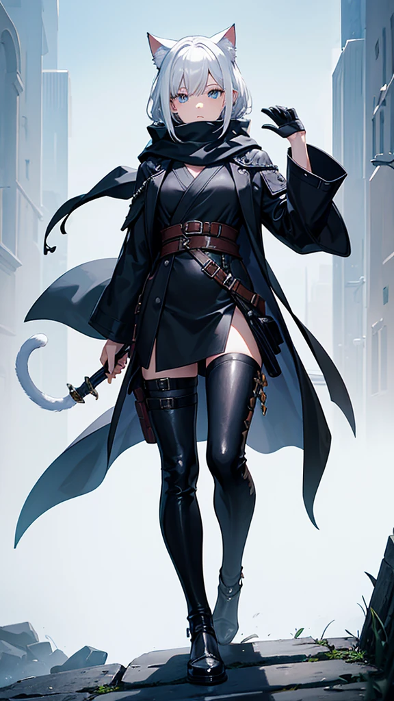 work of art, best qualityer, high resolution, 1 girl, synonym 1, scarf, short hair, mitts, ninja mask, long sleeves, leather pants, White hair, Cat's ears, cat tail, Rougue clothes, leather pants, holding, holding faca, bangs over one eye, bangs covering one eye, long bangs, blue eyes, 14 eyes old, hooded cloak, rogue rpg, rpg, ninja, ruins, medioval