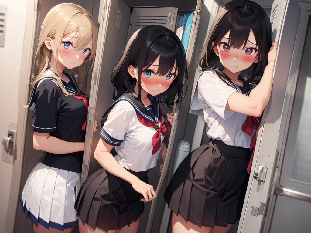 2 girls, shoved inside a locker, ((sailor uniform, short sleeve, tight clothing, miniskirt)), (blushing:1.5), (blushing, worried, teary eyes), perfect body, perfect face, perfecte eyes, beautiful eyes, detailed eyes, image taken from inside