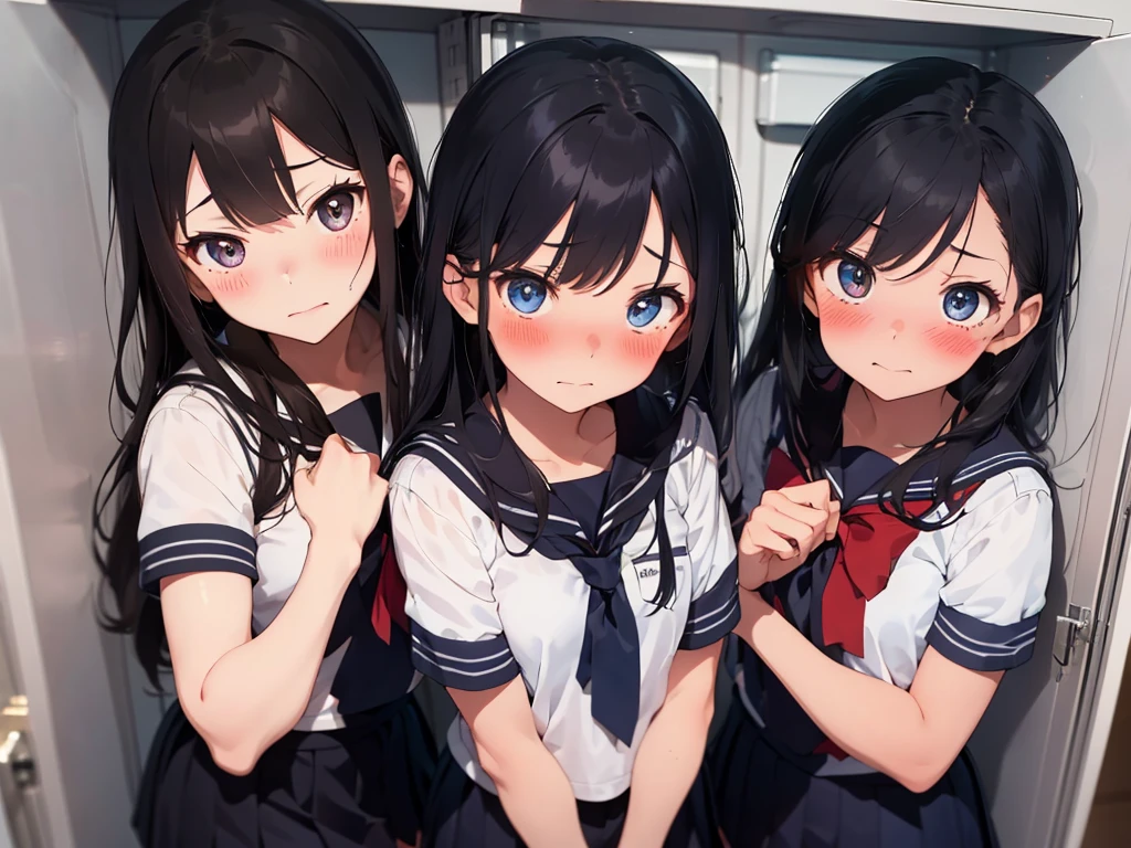 2 girls, shoved inside a locker, ((sailor uniform, short sleeve, tight clothing, miniskirt)), (blushing:1.5), (blushing, worried, teary eyes), perfect body, perfect face, perfecte eyes, beautiful eyes, detailed eyes, image taken from inside