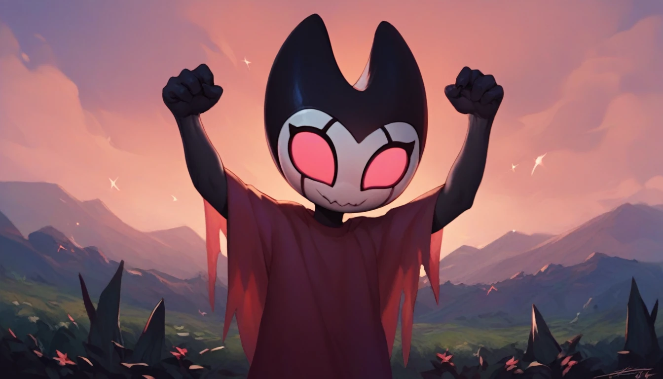 score_9, score_8_up, score_7_up, score_6_up, zPDXL2, grimm \(hollow knight\), vampire, bat, 1boy, solo, cute face, detailed eyes, landscape, outdoor, anthro, (solo portrait), (front view), clothed, highlight thighs, femboy, cat pose