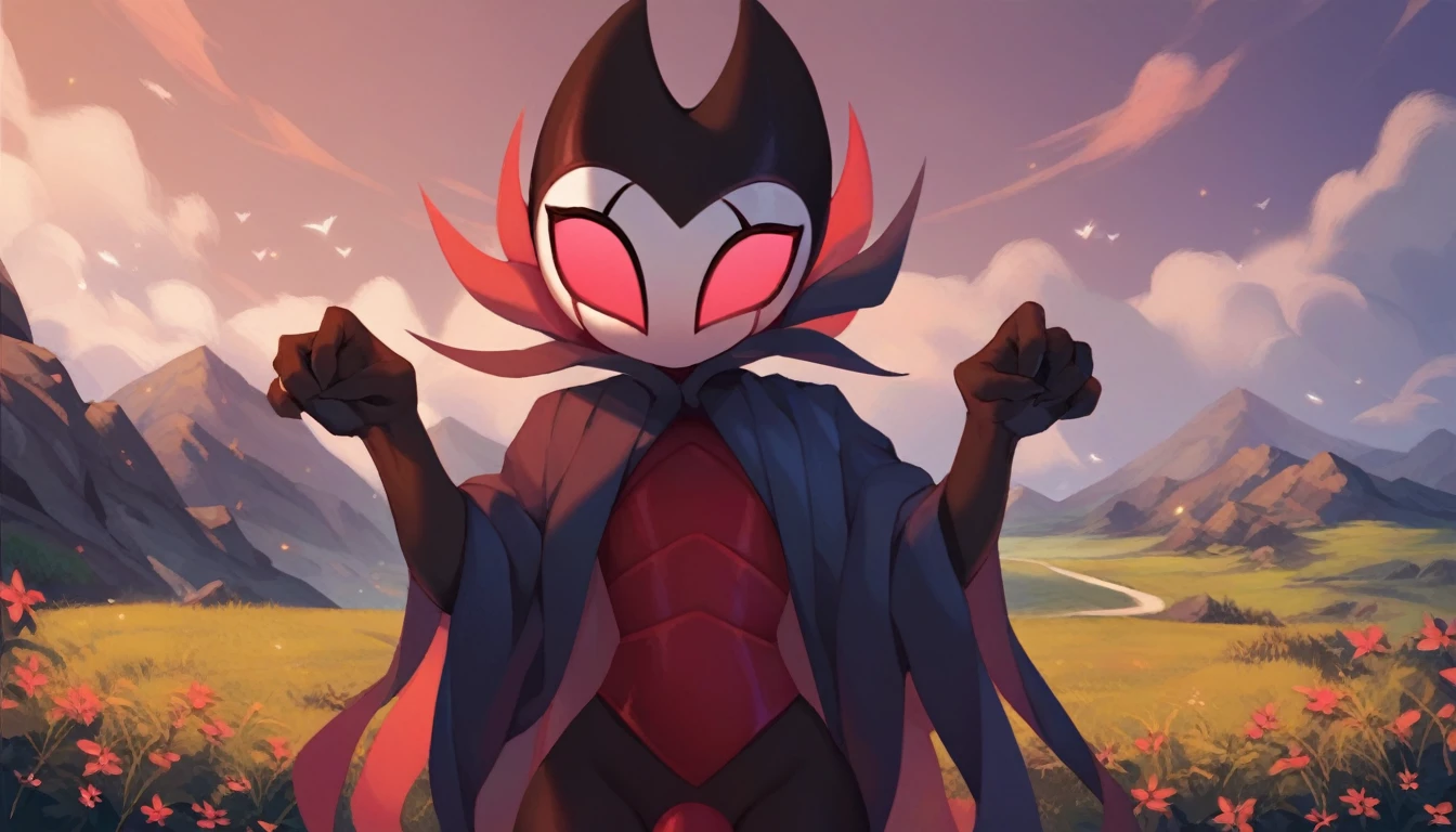score_9, score_8_up, score_7_up, score_6_up, zPDXL2, grimm \(hollow knight\), vampire, bat, 1boy, solo, cute face, detailed eyes, landscape, outdoor, anthro, (solo portrait), (front view), clothed, highlight thighs, femboy, cat pose