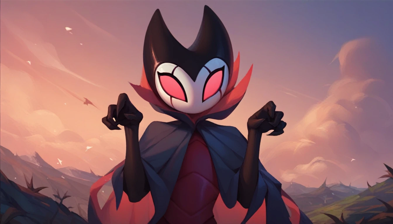 score_9, score_8_up, score_7_up, score_6_up, zPDXL2, grimm \(hollow knight\), vampire, bat, 1boy, solo, cute face, detailed eyes, landscape, outdoor, anthro, (solo portrait), (front view), clothed, highlight thighs, femboy, cat pose 