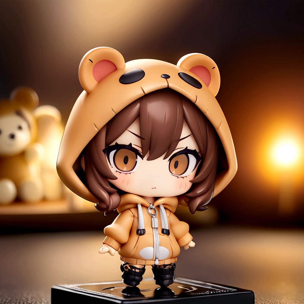 Brown Hair、Wearing a bear hood、Wearing a bear ear hoodie、Chibi Character、Nendoroid、Brown Hairロングヘアー、(masterpiece, best quality:1.2), 
