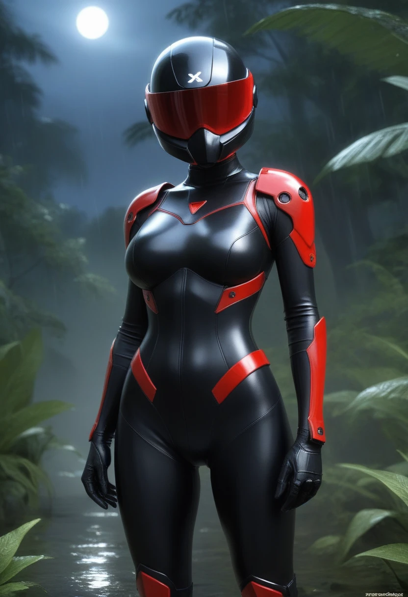 zPDXL, source_anime, BREAK Trilla, helmet with red translucent visor, , armor,black gloves,tight bodysuit,,black pants, BREAK close-up, solo, standing, front view, medium breasts, , wide hips, BREAK x3dce, 3d, jungle background, dense vegetation, rain, night, night sky,