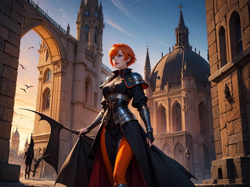 A beautiful and wonderful vampire woman, extremely detailed, short orange hair, wearing extremely detailed gothic armor, blue eyes in medieval public square, palace, crepúsculo, 8k, linda, sacerdotisa, crepúsculo, entardecer, vampira.