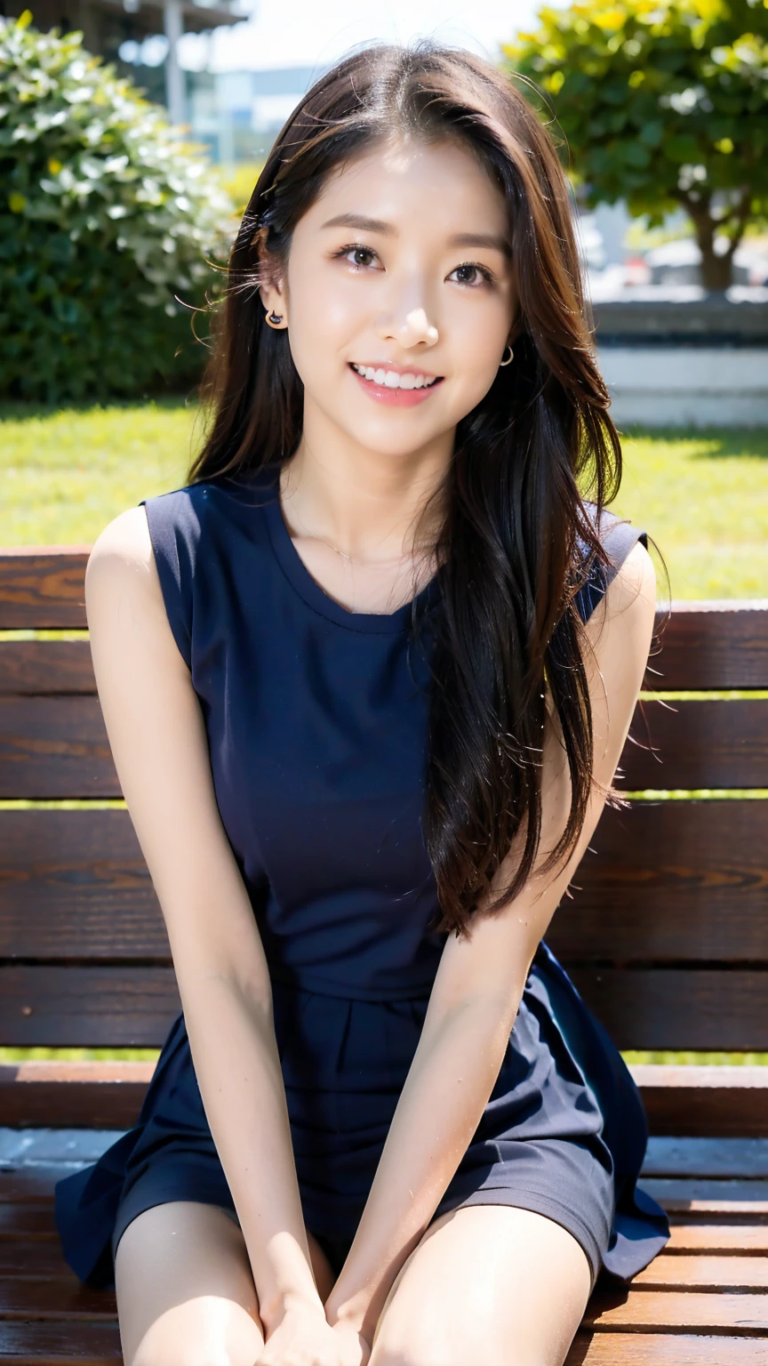 (8K), (best quality: 1.2), (realistic), (realistic: 1.37), ultra high resolution, 1 girl, cute, laugh, closed mouth, beautiful details, beautiful nose, wet hair, red lip,one point piercing,huge two cells, pork, thighs，Self Snap,College student ,sunny day,I can see the sea,sitting on bench,cross one&#39;s legs,look down,from above,(Simple dark gray blazer 1),(dark gray pleated skirt),(Dark Blue Bow Tie),(The skirt pattern is a tartan check pattern....:1.3),濡れたthighs,Knee High Tights,(thighsにクローズアップ1.2)