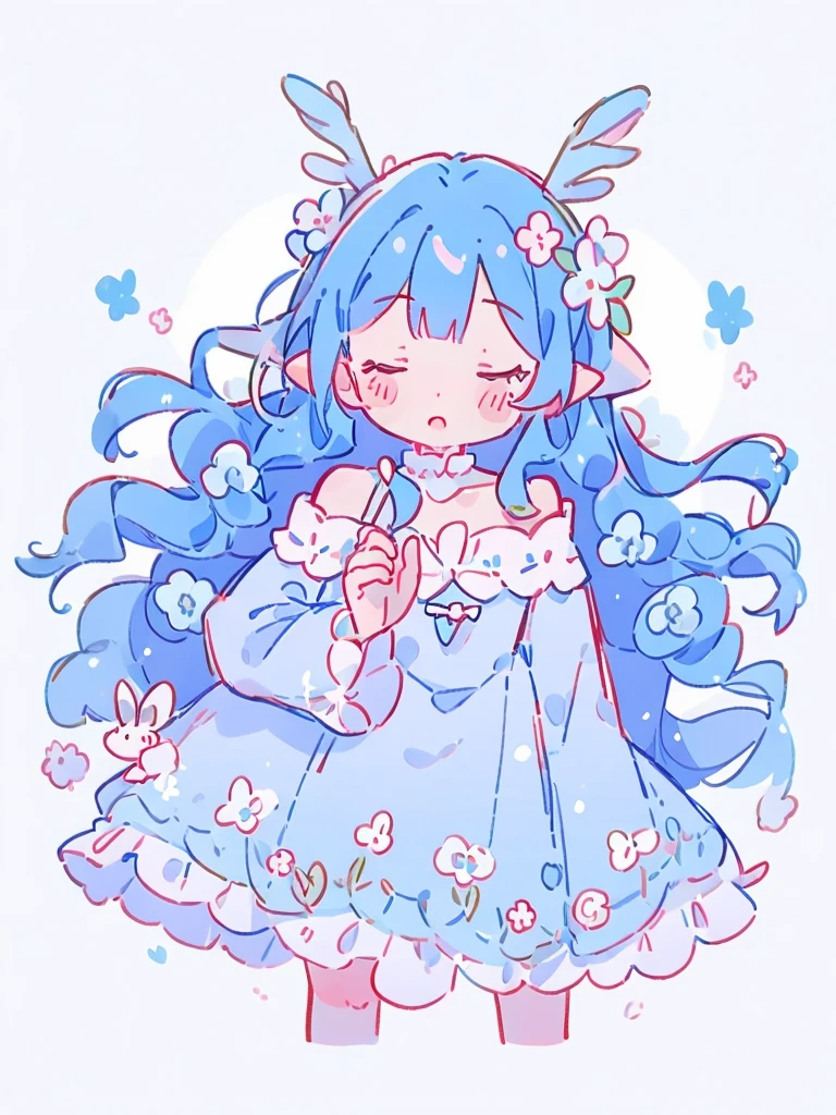 1girl, long wavy blue hair, deer ears, white deer antlers, butterfly hair ornament, blue flower, elegant white off shoulder dress, teaseful expression, splash background, solo, sketch, portrait, simple background