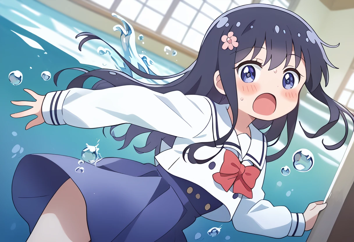 score_9, score_8_up, score_7_up, source_アニメ, masterpiece, 1girl, work, blue dress, white sailor collar, red bowtie, white long sleeves, cowboy shot, looking at viewer, indoors, open mouth, Bubble、Splash、Water Play, Primary school students、Skirt fully open、Long wide skirt、cute、White underwear、blush、Watery eye、spring、Lots of water、Wet、(The skirt spreads over the water surface.)、Drowning、Underwater Shot Of The Swimming pool