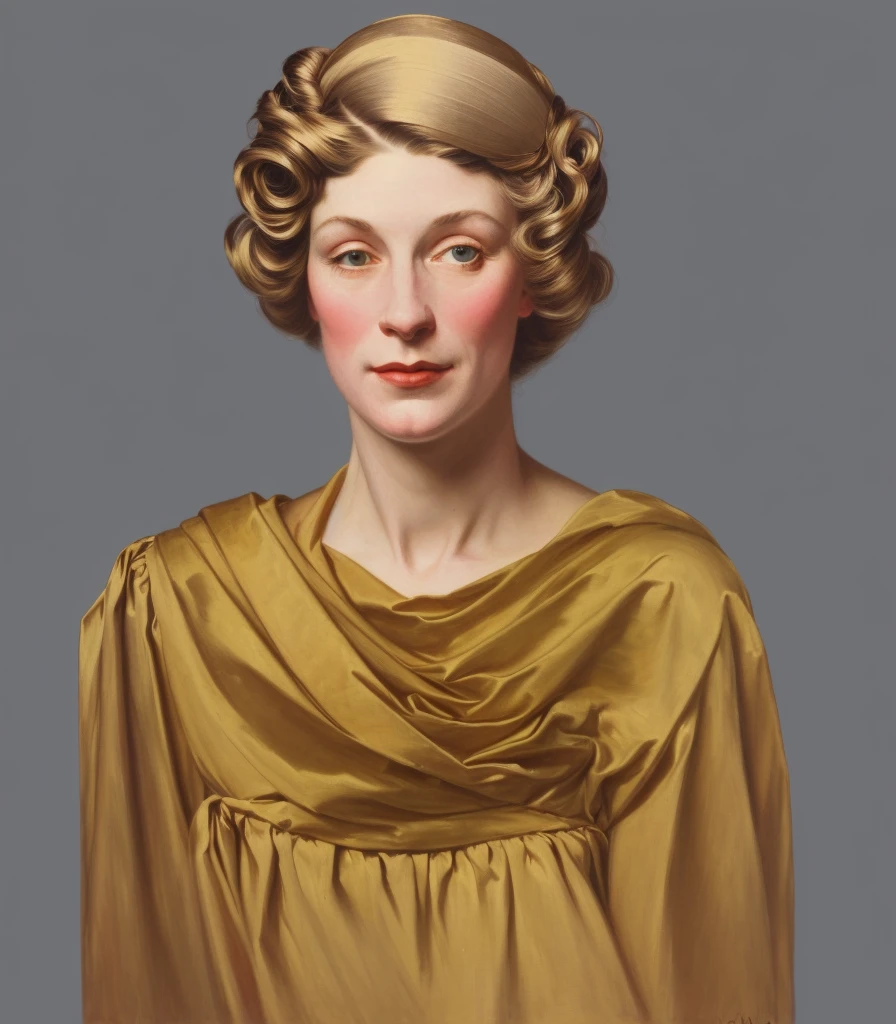 há uma mulher com bobes na cabeça e um vestido, inspirado em Jean-Étienne Liotard, inspirado em Cindy Sherman, retrato sem nudez vestido, retrato no estilo craola, inspirado em Henry Raeburn, no estilo de Norman Rockwell, inspirado por Henriette Wyeth, retrato da parte superior do corpo, inspirado em Constance Gordon-Cumming