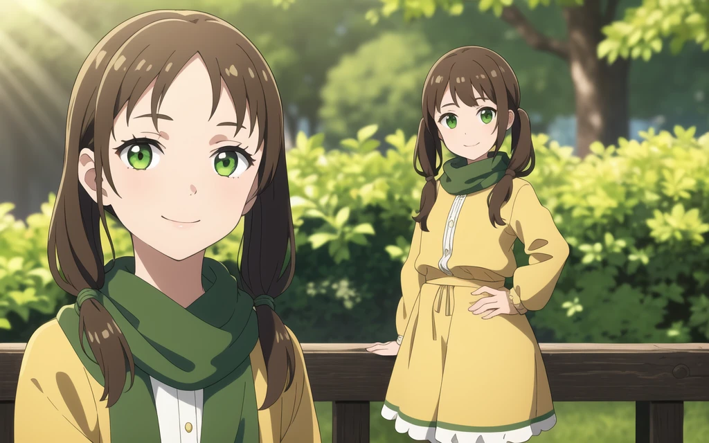 8K, best quality, masterpiece, (ultra-detailed:1.1), (high detailed skin),white background, standing, looking at viewer, 独奏, hand on hip, 
fll, twintails, 1girl，Brown long hair，Green eyes，1 little girl，Short height，Dark green windbreaker，Flowing scarf，avatar，Smile，Flip hair，blur background，（（Brown hair）），Sunlight，Garden green leaves background，（（（individual））），Sitting on a bench with beautiful lighting，Character edge light and shadow，Super photography，Superb atmosphere
( good hands, nice hands:0.5), 
(beautiful_face), ((intricate_detail)), clear face, 
((finely_detailed)), fine_fabric_emphasis, 