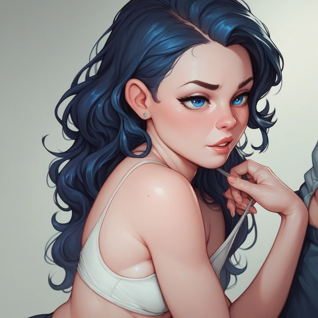 Ralph Bakshi Style, Curvy blue eyed girl with long wavy black hair and small breasts, (cruel_expression):3.0, humping washer