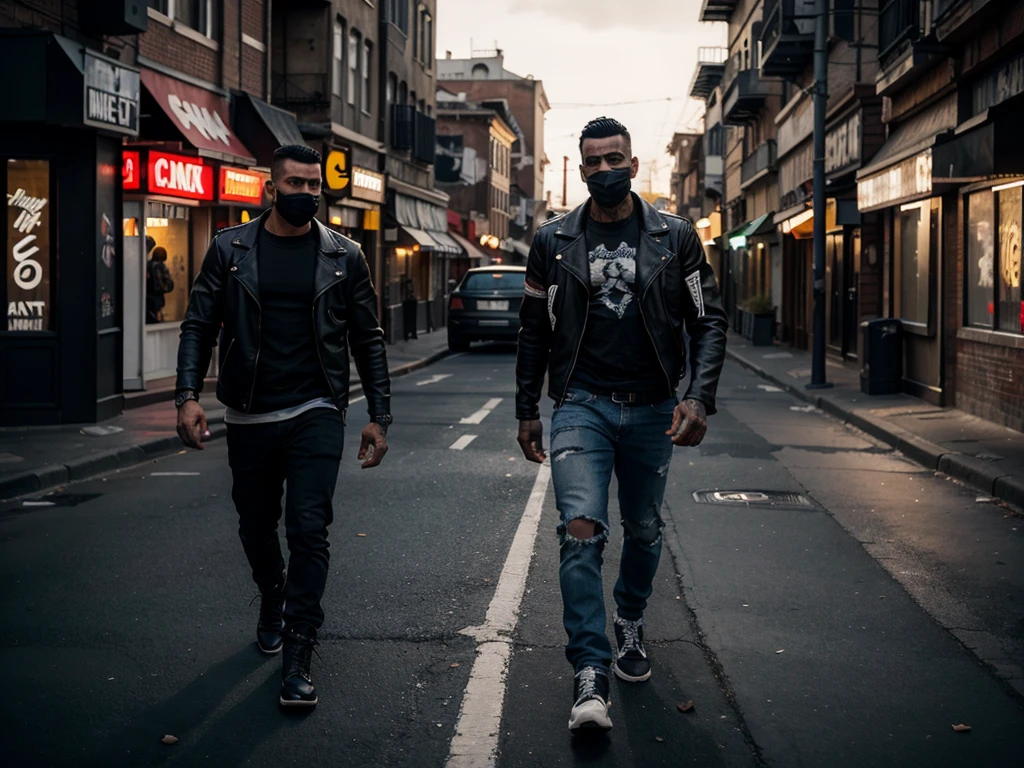 hyper-realistic detailed portrait of a male gangster on turkey street, wearing a black mask, threatening a woman walking on the street, cinematic lighting, dramatic chiaroscuro, gritty urban environment, dark and moody atmosphere, intense facial expression, muscular built, leather jacket, jeans, boots, high contrast, vibrant colors, cinematic composition, photorealistic, 8k, best quality