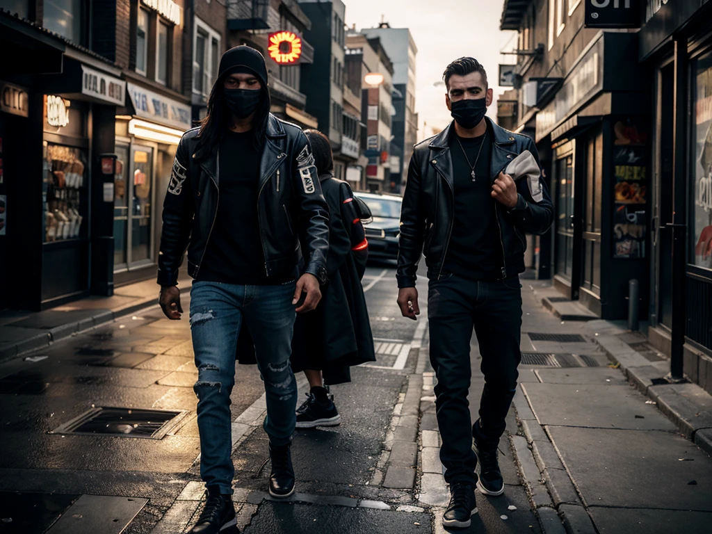 hyper-realistic detailed portrait of a male gangster on turkey street, wearing a black mask, threatening a woman walking on the street, cinematic lighting, dramatic chiaroscuro, gritty urban environment, dark and moody atmosphere, intense facial expression, muscular built, leather jacket, jeans, boots, high contrast, vibrant colors, cinematic composition, photorealistic, 8k, best quality