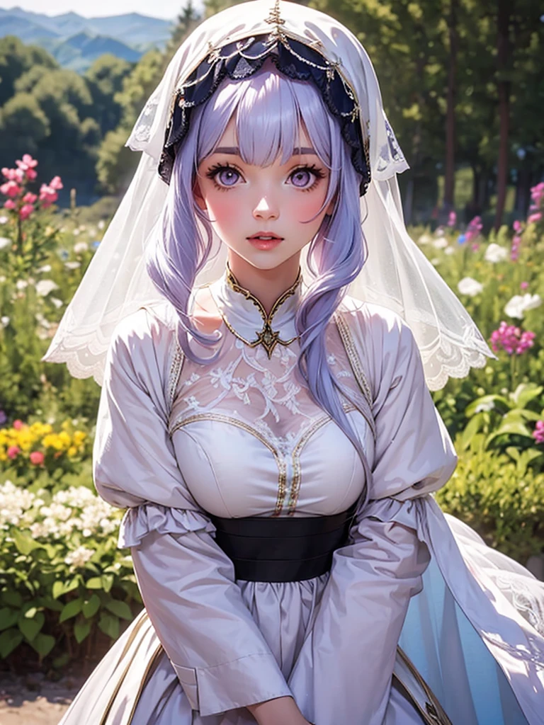 A young girl in a white dress and embroidered mantilla veil. Long lilac-platinum hair, albino eyes, feature of great beauty.