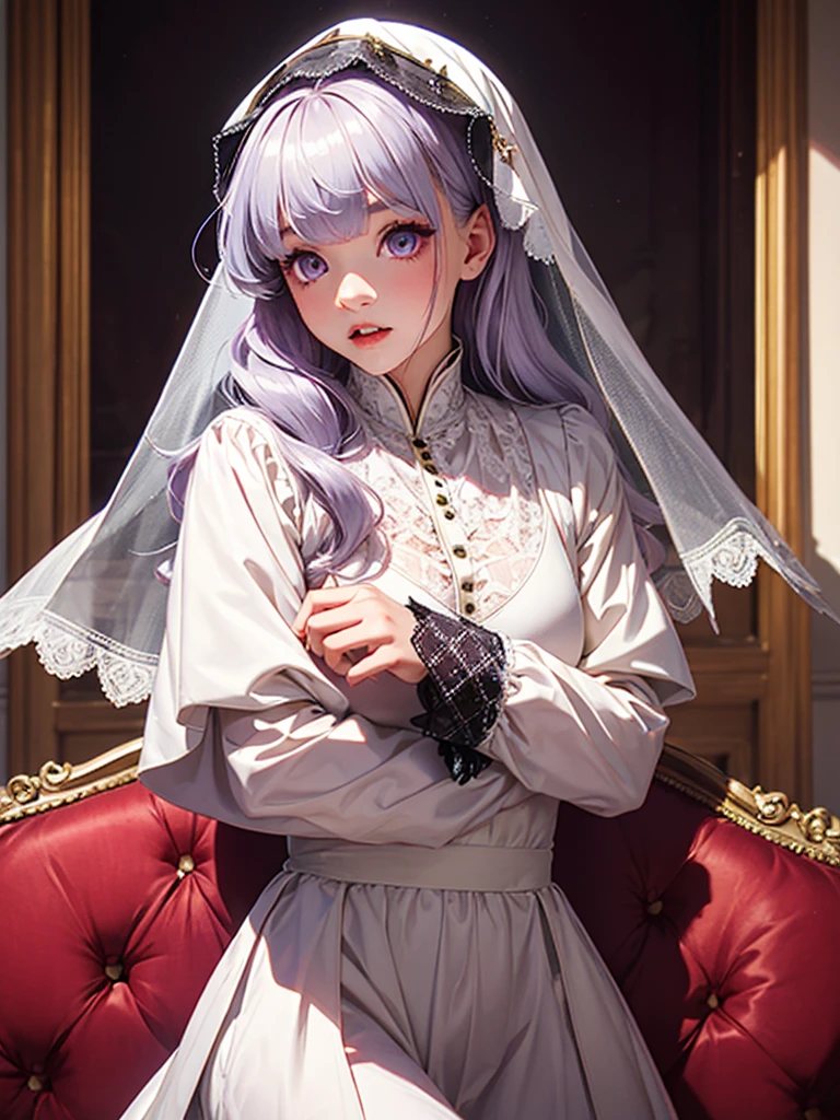 A young girl in a white dress and embroidered mantilla veil. Long lilac-platinum hair, albino eyes, feature of great beauty.