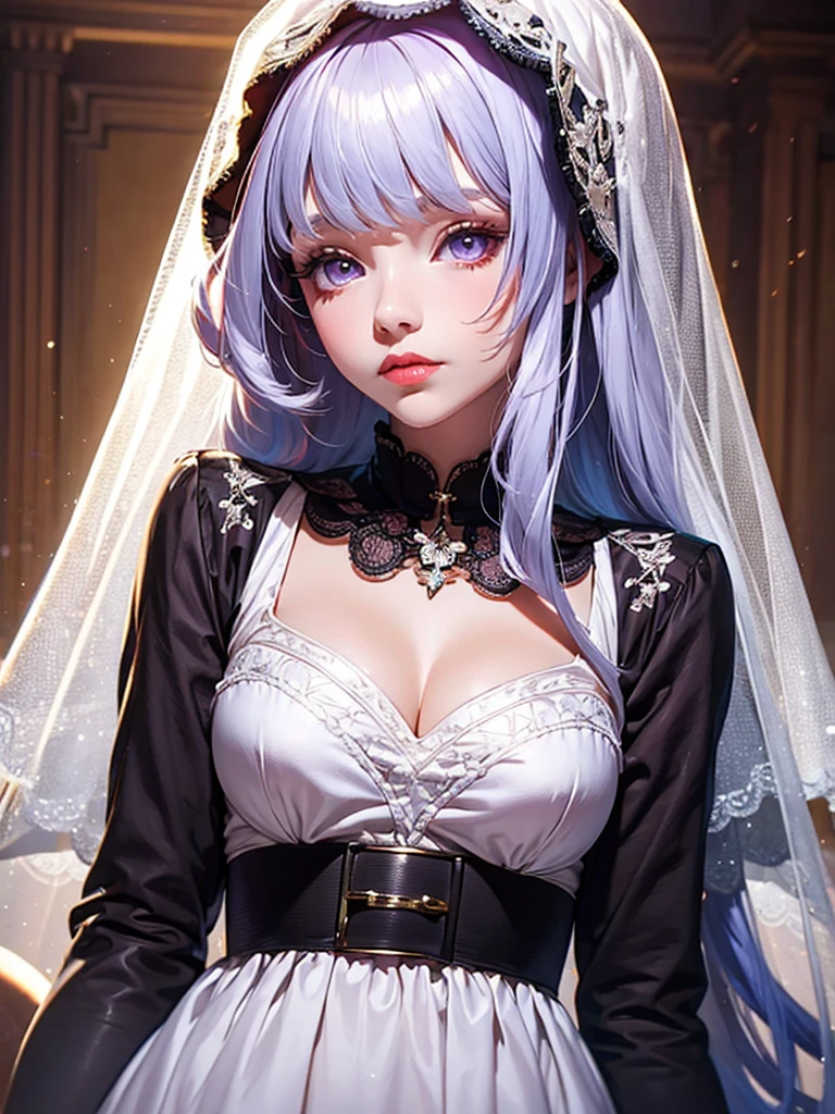 A young girl in a white dress and embroidered mantilla veil. Long lilac-platinum hair, albino eyes, feature of great beauty.