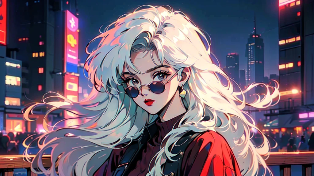 (80's, Retro, City Pop:1.5), (Album cover), (masterpiece, Highest quality, Exquisite detail), (anime, figure), (pastel colour:1.3), Best Photo Poses, Dynamic Angle,girl, alone, cool, Delicate face, Wearing sunglasses, Blonde Hair, Cityscape, City of night,