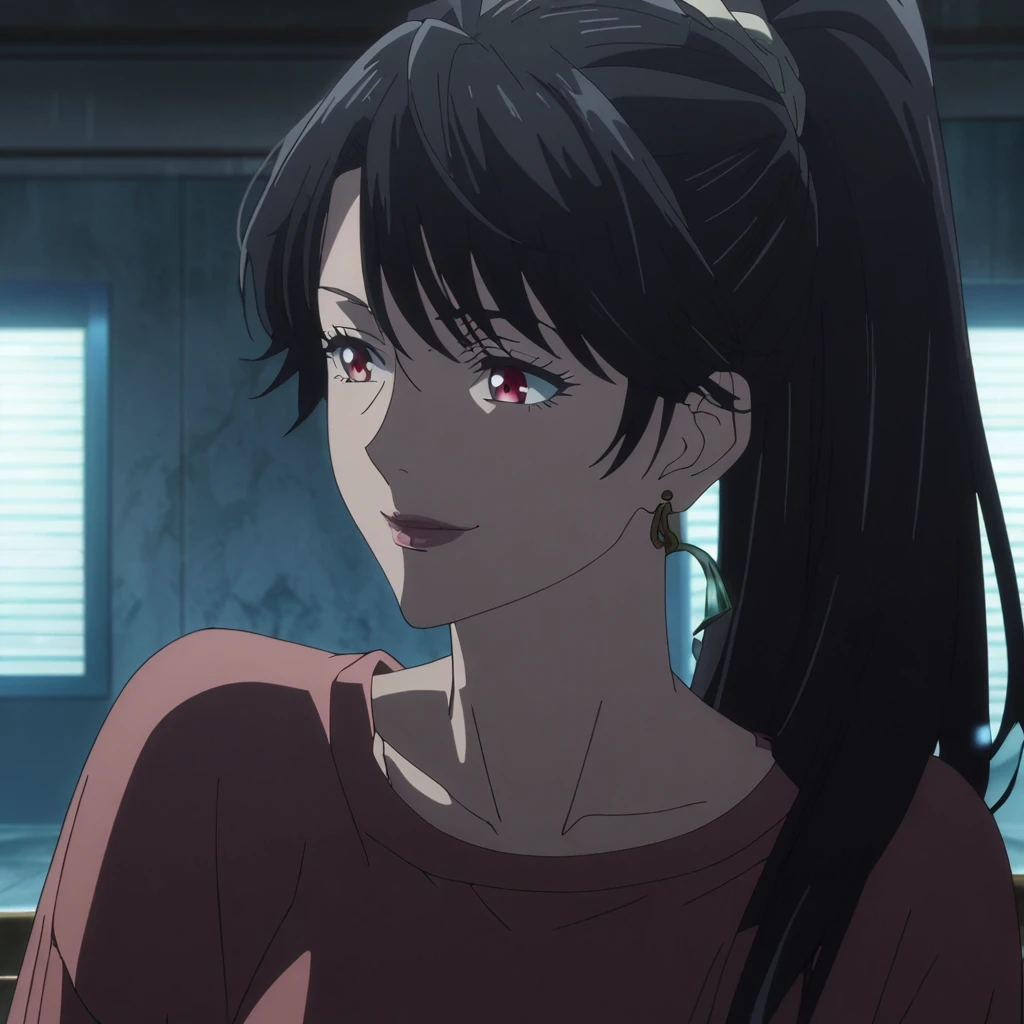 1girl, female gojo satoru, anime screencap from jujutsu kaisen, gojo satoru female version, solo, long_hair, Red eyes ((Black_hair, swept bangs)), night view, (hanging breasts) upper_body, smile, indoors, book, red_eyes, lips, (high ponytail) ((wearing casual outfit)) breast, "very detailed and high resolution" (Red eyes) ((long hair)) ((solo)) (front view) (earings) ((high resolution)) ((good quality)) ((swept bangs))