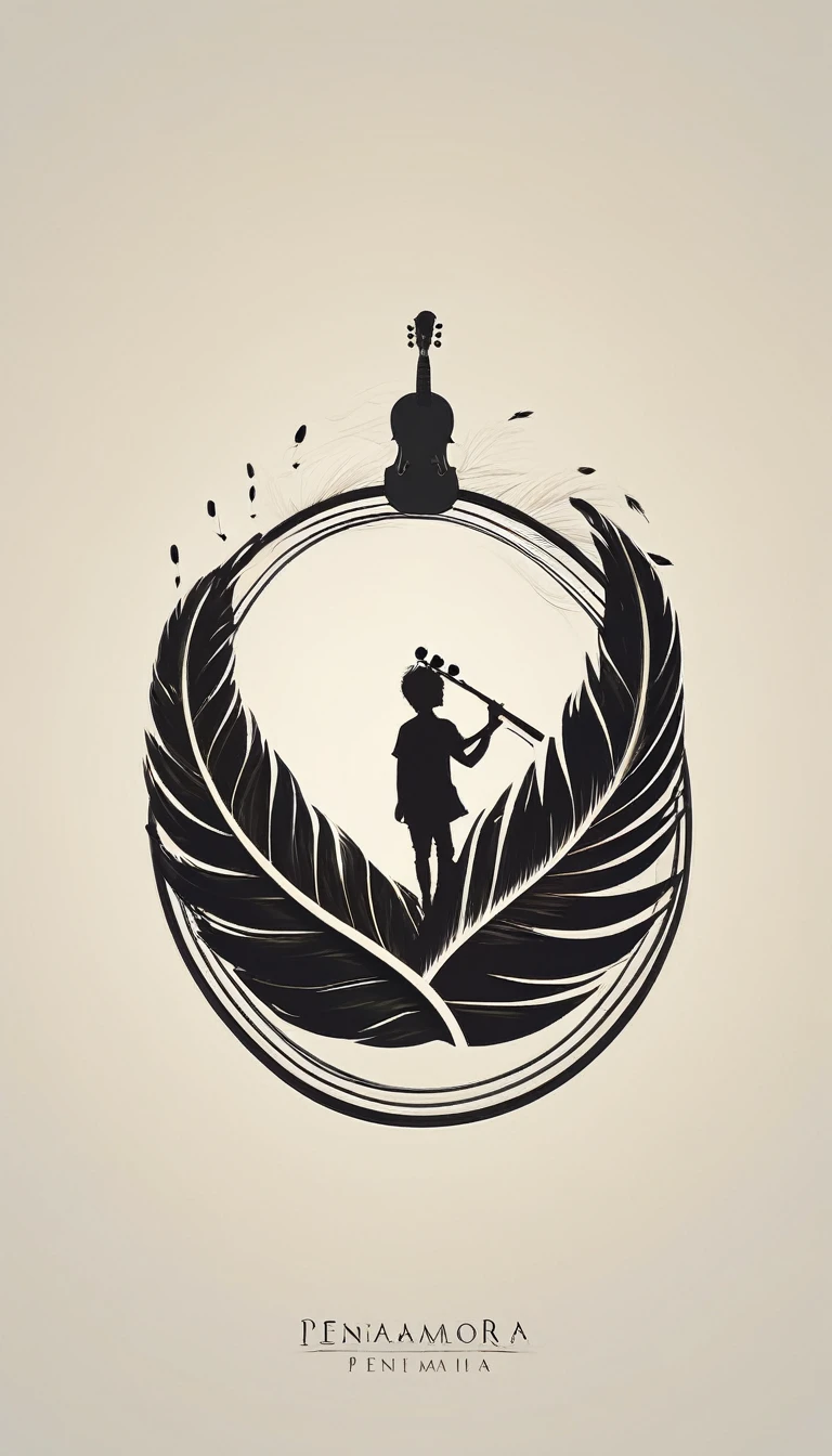 A minimal, modern, simple, cinematic logo design for the brand “Penamemoria". The logotype must be a simple, magical feather and a boy playing acoustic guitar. The logo must convey a sense of music, stories and dreams. Minimalistic logo design of a boy dissolving into a feather of dreams and memories