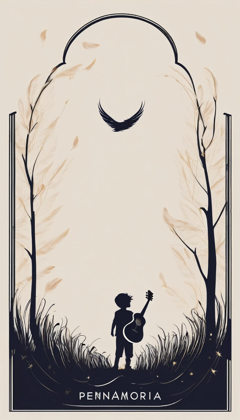 A minimal, modern, simple, cinematic logo design for the brand “Penamemoria". The logotype must be a simple, magical feather and a boy playing acoustic guitar. The logo must convey a sense of music, stories and dreams. Minimalistic logo design of a boy dissolving into a feather of dreams and memories