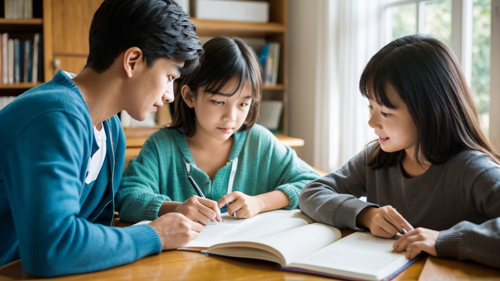 a mother is company with her kid doing homework. they're looking down at the textbook. 8k super realistic