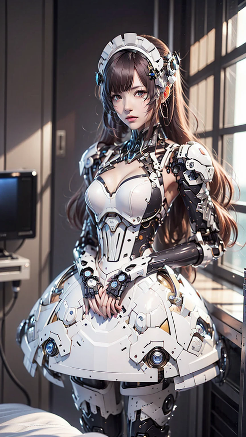 Very detailed, Advanced Details, high quality, 最high quality, High resolution, 1080P, HD, 4K, beautiful,(Machine),beautiful cyborg mixed maid female, Mecha Cyborg Girl,Mecha Body Girl,She is wearing a futuristic mech, victorian maid dress, from the front, From the skirt up,A cute room for , bed room, bed,