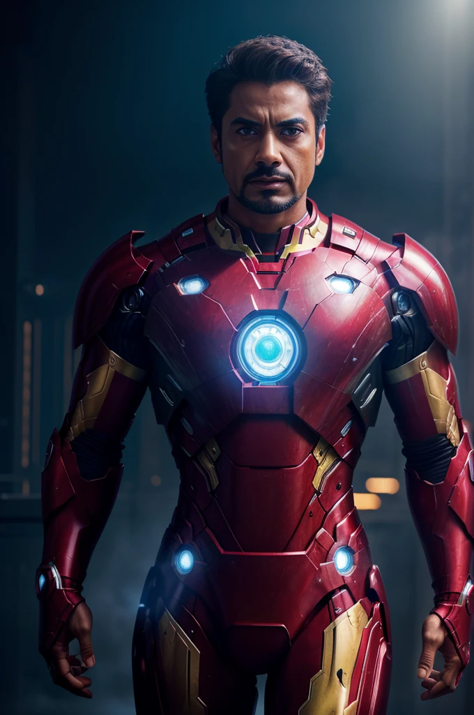 A man wearing an iron man suit, detailed face of a bollywood star, hyper-realistic, cinematic lighting, 8k, extremely detailed, sharp focus, physically-based rendering, vibrant colors, dramatic posing, cinematic composition, ultra-detailed metallic armor, glowing arc reactor, complex machinery, sleek futuristic design, atmospheric environment, moody lighting, volumetric fog, cinematic camera angles