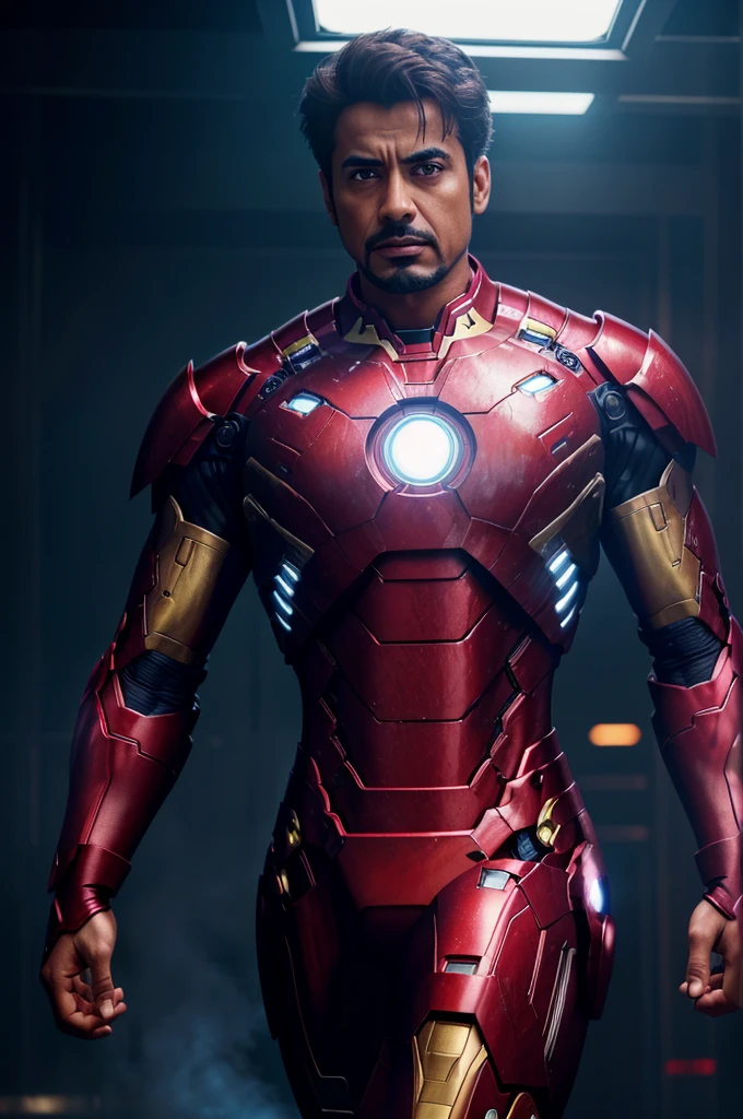 A man wearing an iron man suit, detailed face of a bollywood star, hyper-realistic, cinematic lighting, 8k, extremely detailed, sharp focus, physically-based rendering, vibrant colors, dramatic posing, cinematic composition, ultra-detailed metallic armor, glowing arc reactor, complex machinery, sleek futuristic design, atmospheric environment, moody lighting, volumetric fog, cinematic camera angles