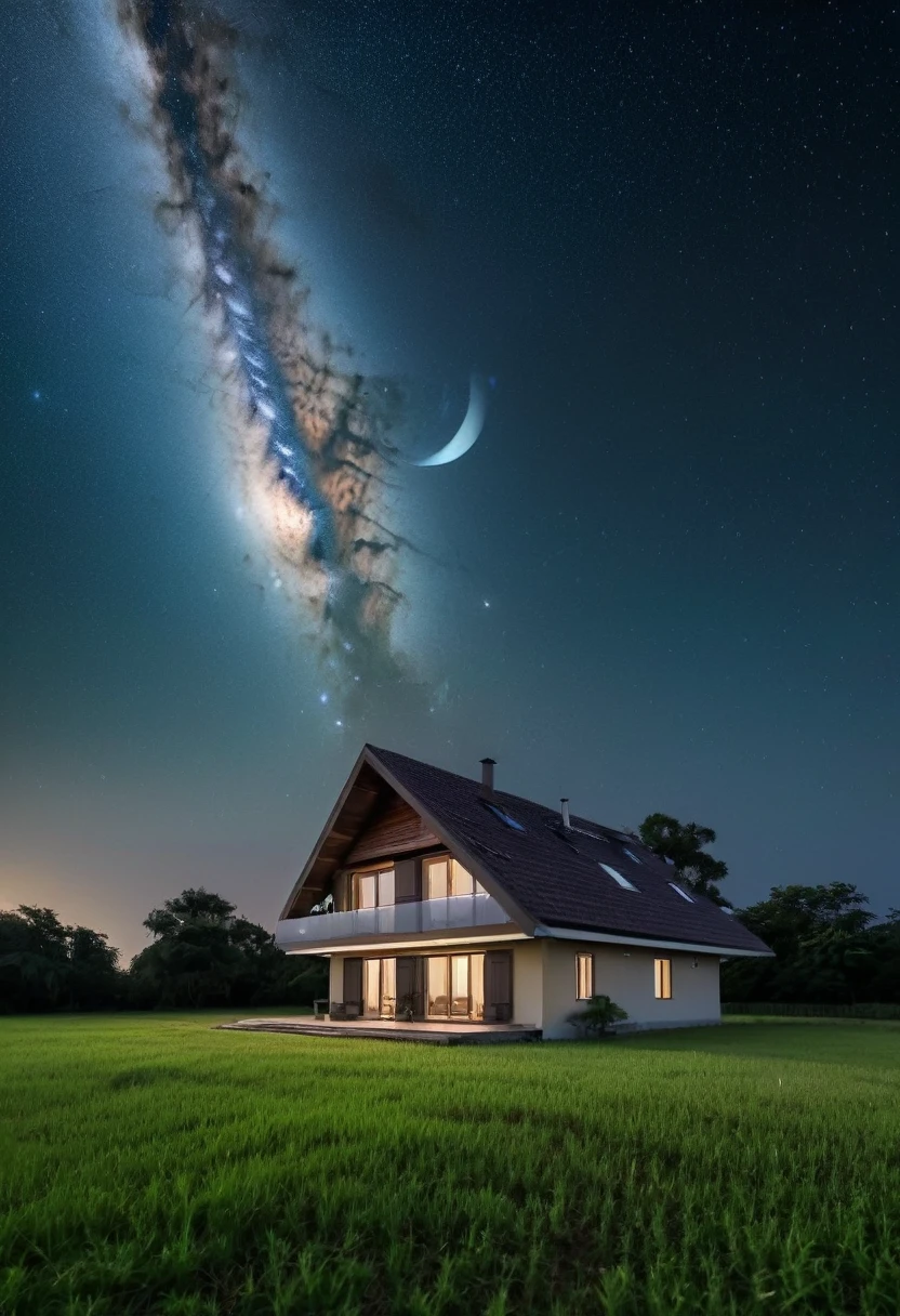 a picture of a house in the middle of a field under a starr sky, night time with starry sky, night sky photography, dark and stars in the background, moonlit starry sky environment, cosmic ambient, astral night sky background, space in background, on a galaxy looking background, space in the background, in the universe.highly realistic, endless cosmos in the background