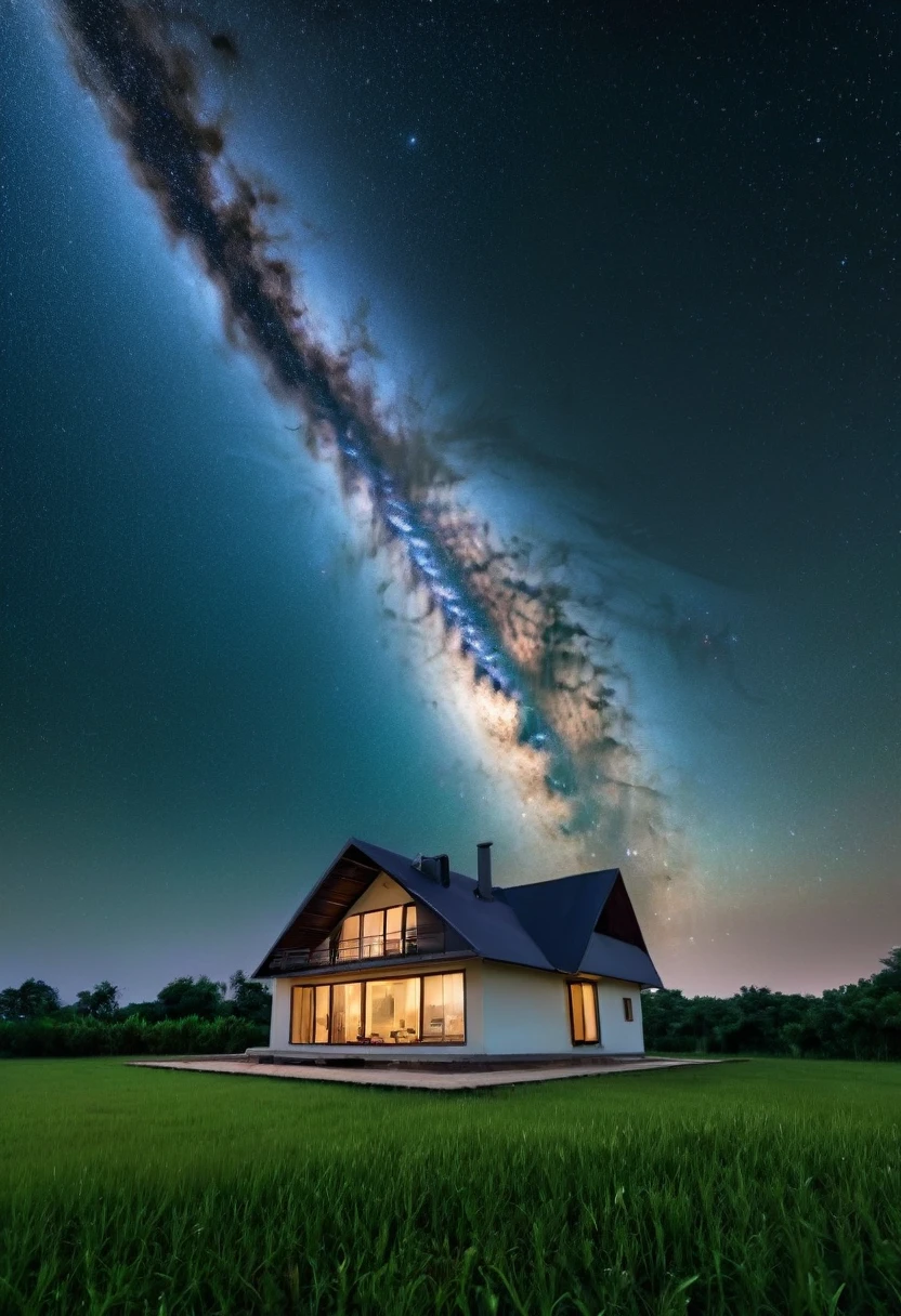 a picture of a house in the middle of a field under a starr sky, night time with starry sky, night sky photography, dark and stars in the background, moonlit starry sky environment, cosmic ambient, astral night sky background, space in background, on a galaxy looking background, space in the background, in the universe.highly realistic, endless cosmos in the background