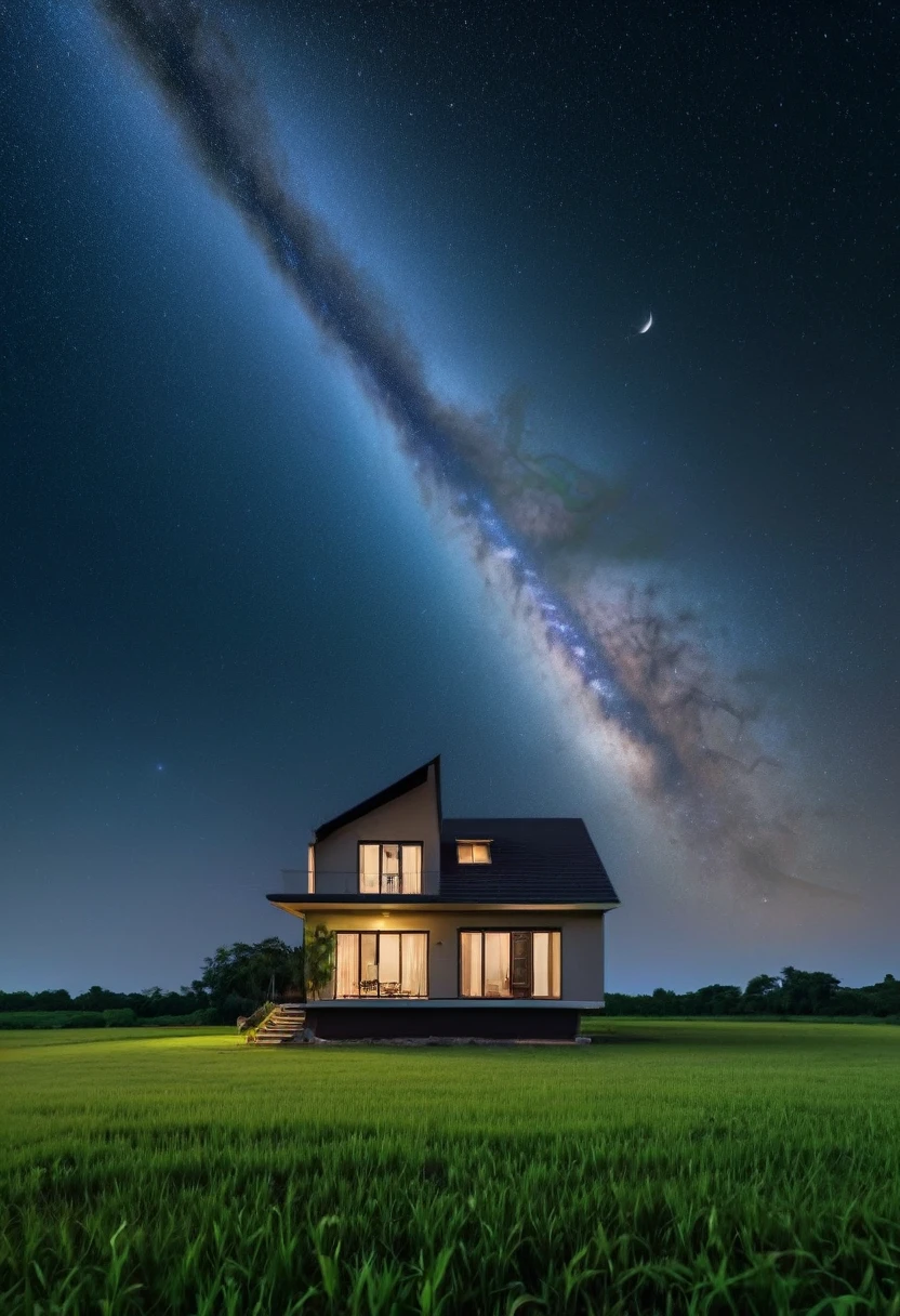 a picture of a house in the middle of a field under a starr sky, night time with starry sky, night sky photography, dark and stars in the background, moonlit starry sky environment, cosmic ambient, astral night sky background, space in background, on a galaxy looking background, space in the background, in the universe.highly realistic, endless cosmos in the background