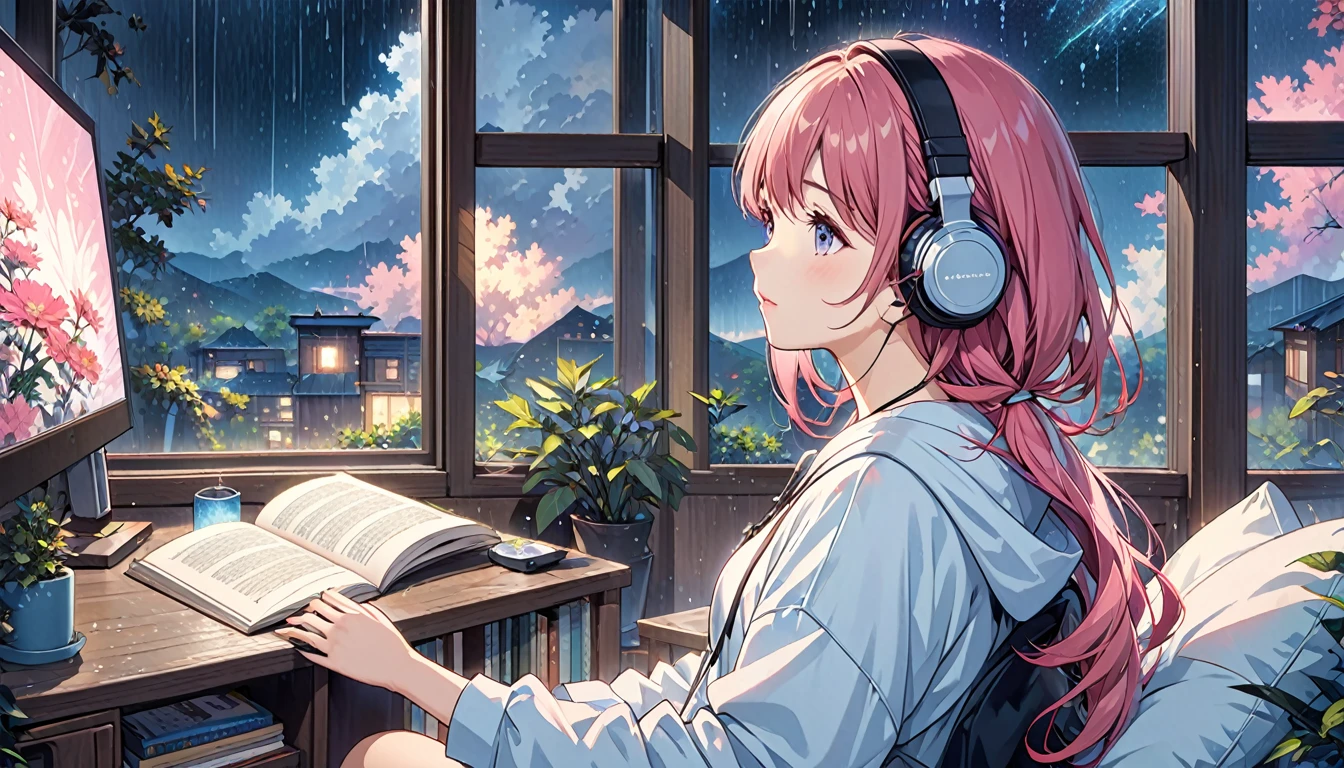 Rain sound and night view image: Rainy night、A scene of relaxing while looking out the window。 scenario: With the sound of rain and the visuals of the night view as the background、Soft lo-fi music plays。Perfect as background music to help you concentrate on studying or working。 [instrumental](masterpiece, Highest quality, Highest quality, Official Art, beautifully、aesthetic:1.2), (One girl), Very detailed,(Fractal Art:1.3),colorful,Most detailed pink hair、I have headphones on。