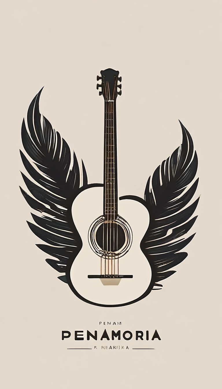 A minimal, modern, simple, cinematic logotype for the brand “Penamemoria". The logotype must be a simple, magical feather and a boy playing acoustic guitar. The logo must convey a sense of music, stories and dreams. Logo design impressed on a book cover. Minimalistic logo