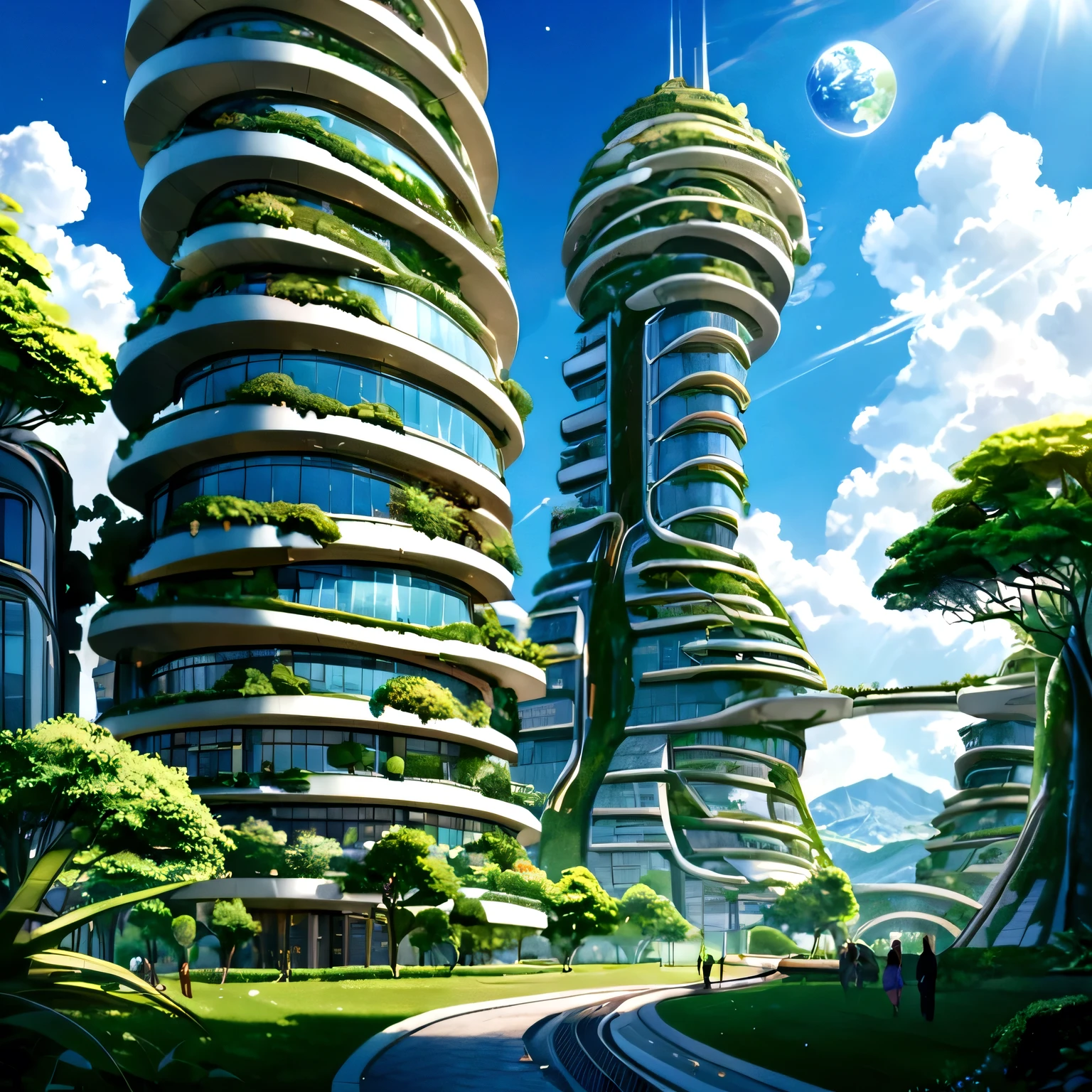 A world where lush vegetation and futuristic buildings coexist。Natural beauty and wonderful place to live。Future technology merges with the Earth、Building a better place to live。BREAK, perfect anatomy, masterpiece, best quality, 16K, beautiful detailed grow, daydreaming expression.