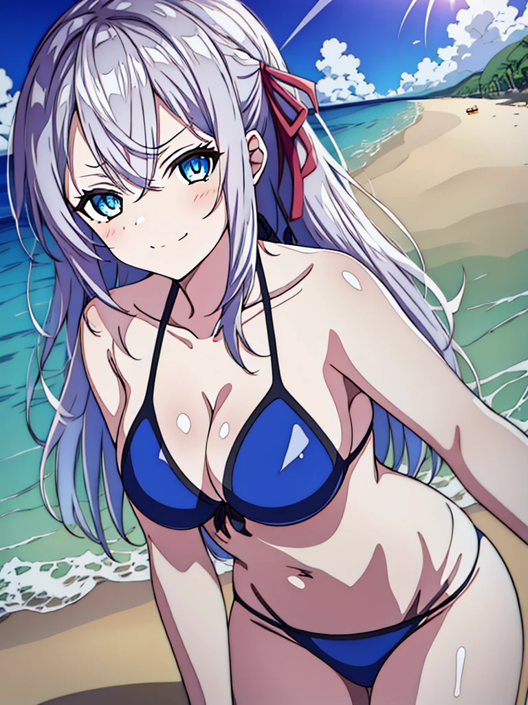 1girl, alya, white hair, long hair, hair ribbon, blue eyes, bikini,, in all four, smug face, beach, anime style