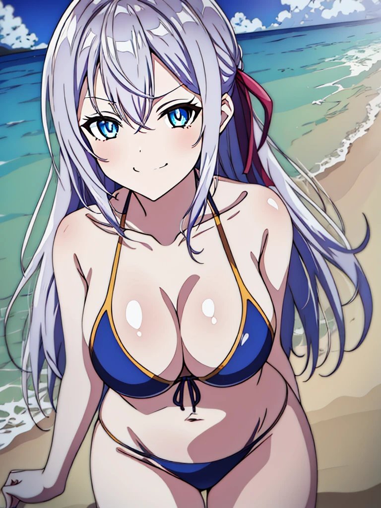 1girl, alya, white hair, long hair, hair ribbon, blue eyes, bikini,, in all four, smug face, beach, anime style