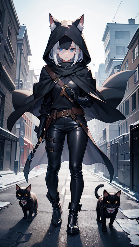 work of art, best qualityer, high resolution, 1 girl, synonym 1, scarf, short hair, mitts, ninja mask, long sleeves, leather pants, White hair, Cat's ears, cat tail, Rougue clothes, leather pants, holding, holding faca, bangs over one eye, bangs covering one eye, long bangs, blue eyes, 14 eyes old, hooded cloak, rogue rpg, rpg, ninja, ruins, medioval