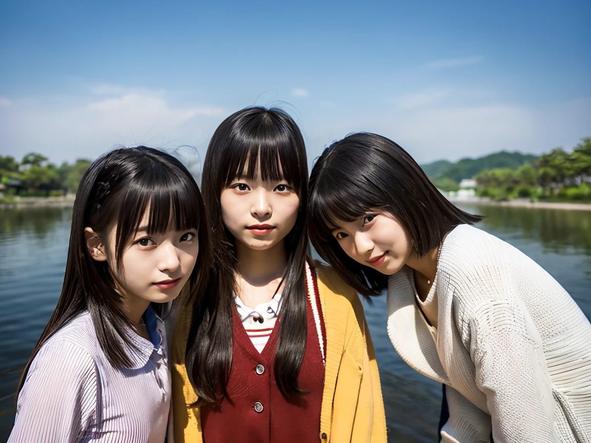 Very detailed super high quality super high quality Surreal photograph 3 Japanese girls (Each girl's hairstyle is randomly different、A different face:1.3) smile Fair skin ((Half-open lips:1.3)) Beautiful and soft skin ((Beautifully styled straight short hair)) Beautiful and perfect body very cute A beautiful and clear-skinned young man々New Skins 16 years oldl girl wearing a sleeveless shirt) Big Breasts whole body Everyday City Bustling city ((night)) Audience'perspective Front view (Big Breasts:1.3) (Cleavage) (Amazingly cute girl:1.3) (whole bodyポートレート)