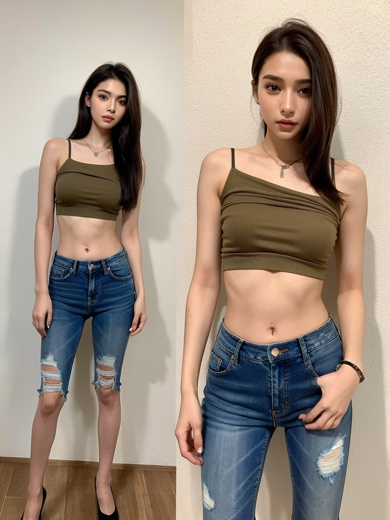 est qualityer, 8K, Masterpiece artwork :1.3)), A beautiful girl who is 22 years old. And light black and brown hair. Who is wearing short nicker top and jeans. Who is like an Indian girl. She has a fit figure and slim waist which is 28 inches.