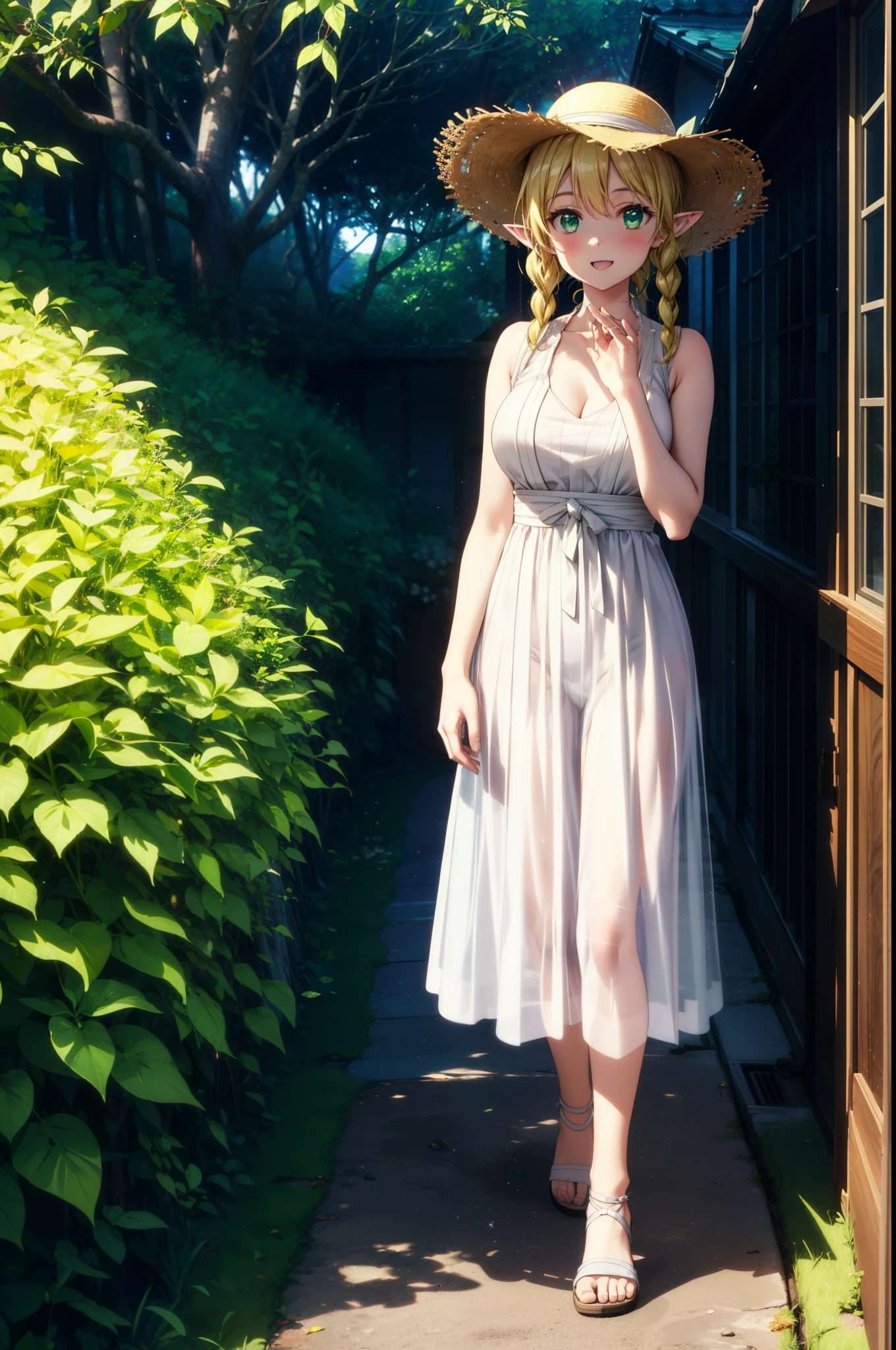 Suguhakirigaya, Suguhakirigaya, Long Hair,Blonde,Green Eyes,Pointy Ears,Short braids,,happy smile, smile, Open your mouth,Big Breasts,White straw hat,White sleeveless dress, bare arms,Green long skirt,Cute Sandals,Are standing,Clear skies,whole bodyがイラストに入るように,
break outdoors, nature, forest,
break looking at viewer, whole body,
break (masterpiece:1.2), Highest quality, High resolution, unity 8k wallpaper, (shape:0.8), (Beautiful attention to detail:1.6), Highly detailed face, Perfect lighting, Extremely detailed CG, (Perfect hands, Perfect Anatomy),