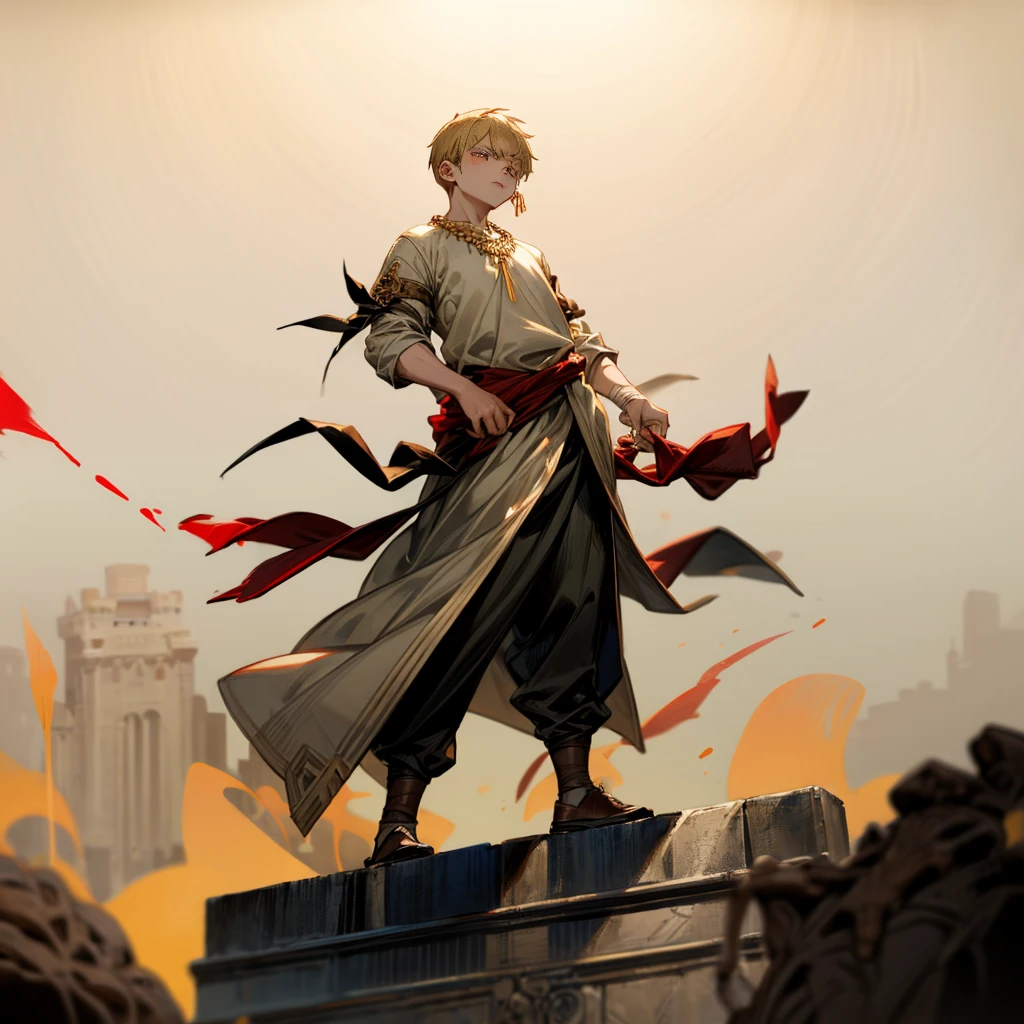 1little boy, Full body version, 1character, gray eyes color, angry eyes, eyeliner, reddish white skin, classic taper haircut, downturned eyes type, blonde colour hair, Ancient greek  nobility clothing style, darkgreen color clothing, necklaces, bandage on hand, Grassroots background in castle, motion blur 