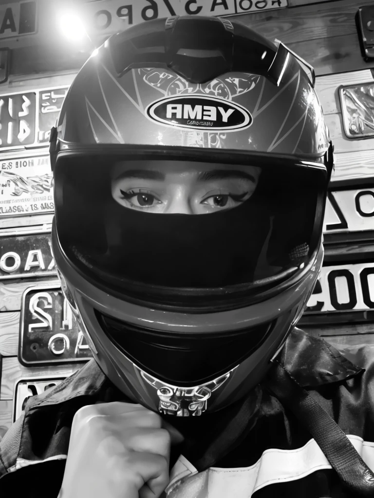 arafed person wearing a helmet and holding a dog in front of a wall of license plates, picture of a female motorcyclist, wearing his helmet, visor over the face, dark visor that covers the face, motormotorcyclist, dark visor that covers the upper part of the face, wearing helmet, Hull view, helmet on face, motorcyclist, wearing a helmet, inspired by Oka Yasutomo, Cinderella Man