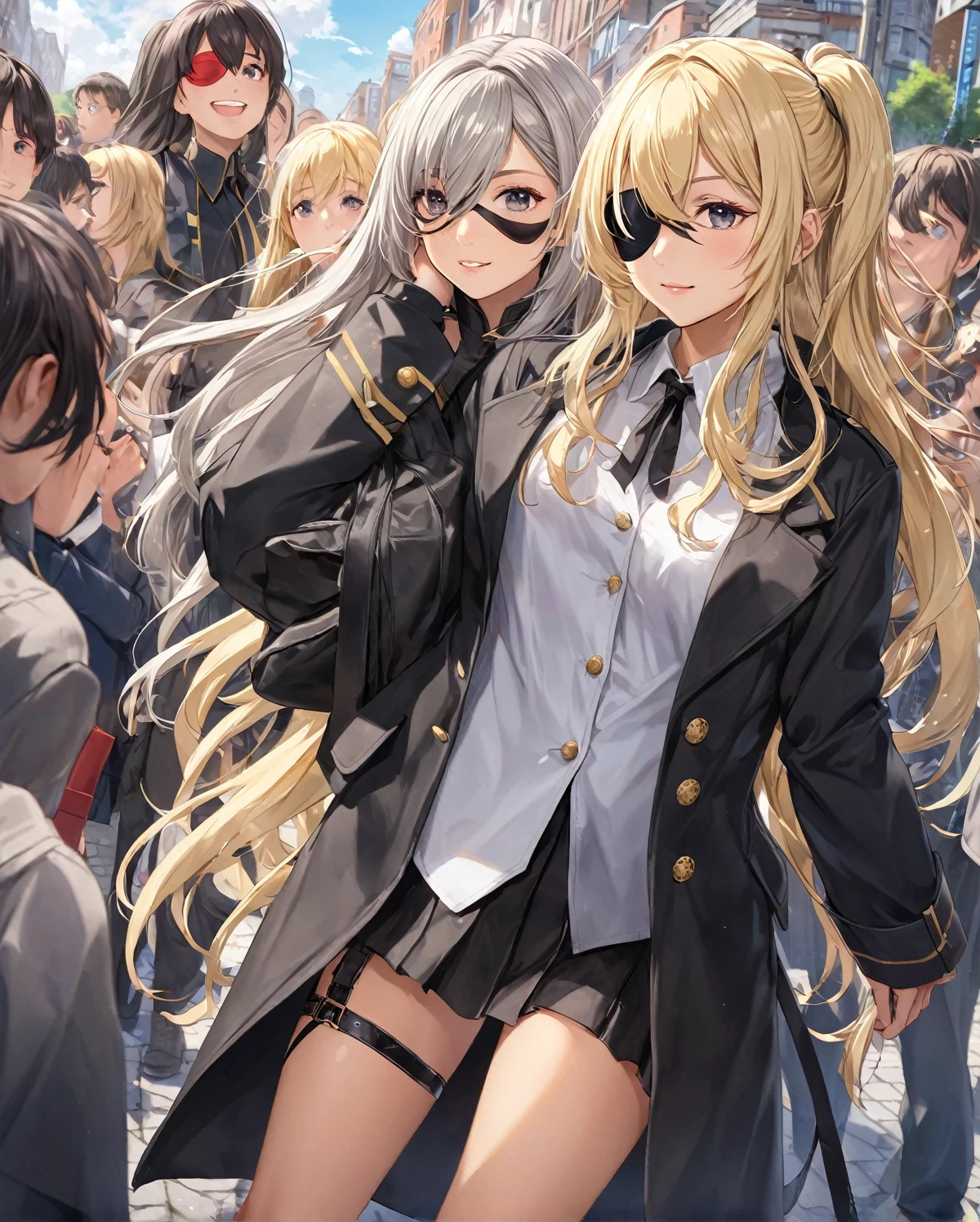 BREAK Perfect Anatomy、(High resolution:1.2)、Incredible illustrations、(Cute illustrations:1.2)
(Beautiful background,(nature,crowd))(netorare,yuri,dutch angle) 
2gial((blonde hair,shiny hair,hair intakes:1.8,long hair)(doyagao)(a girl,, 1.4meters, 35kg),17-year-old,flat chest))(Black coat,Combat Uniform,,garter straps,Eye patch),
        ((gradient grey hair,shiny hair,hair intakes:1.8,Dark Skin:1.6)(doyagao)(a girl,height 1.7meters, 40kg),,17-year-old))
 (Black coat,ゴシック風Combat Uniform,,garter straps,eyepatch:1.8) )
 Cosplayer surrounded by people
