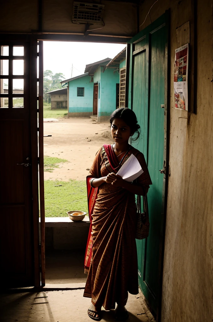 A scene of a Bangladeshi woman leaving home, or holding a letter.