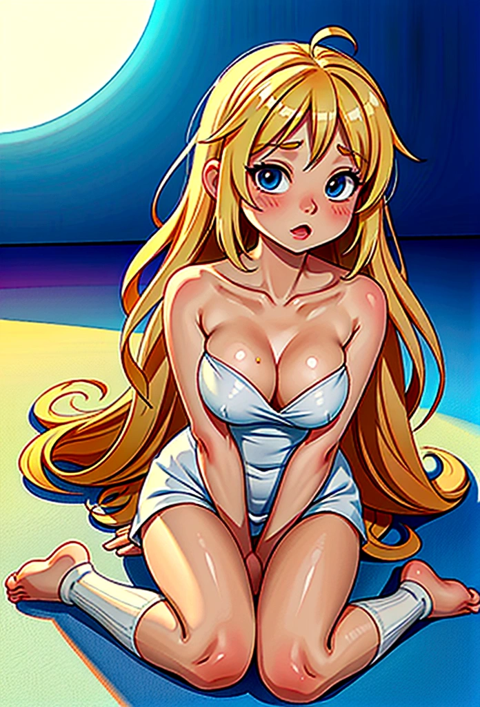 Cute ，long whitr hair，Leaky shoulders，Barefoot，head looking up，Lie on the ground，Raise your feet，nude, naked, , no clothes, breastfeeding,tits,suck,nipple, showing, nipple showing，white  panties，largeeyes，Anime cute face，，Long white socks，Wet da